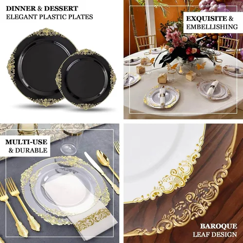Vista 4 de Efavormart - Paquete de 10 platos de postre barrocos negros y dorados de 8 pulgadas, platos de aperitivo resistentes con borde metálico en relieve
