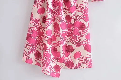 Vista 6 de Vestido midi de moda con cinturón y estampado floral para mujer, vestido vintage de manga larga, cuello de solapa