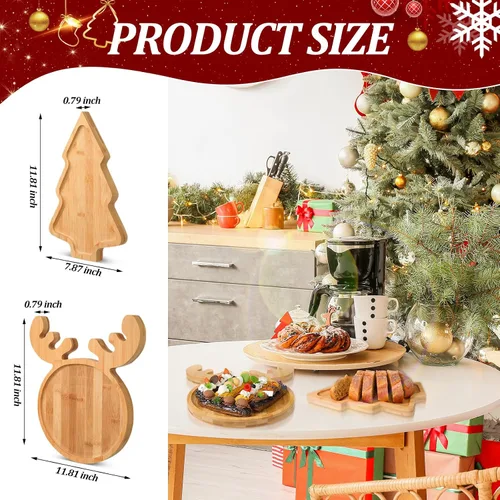 Vista 3 de Sintuff Bandeja de bambú con forma de árbol de Navidad y alce, 2 unidades, de madera natural, para aperitivos, bonitos regalos, para fiesta