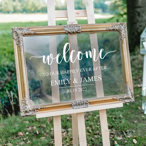 Vista 5 de Calcomanía artística de vinilo – Bienvenido a Our Happily Ever After – 17 x 30 pulgadas – Bonita y elegante felicitación de boda, novia, novio
