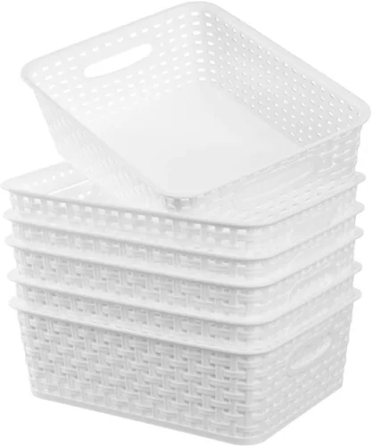 Vista 12 de Cestas de almacenamiento tejidas de plástico negro, paquete de 6 cestas de tejido organizador para cocina, oficina, baño