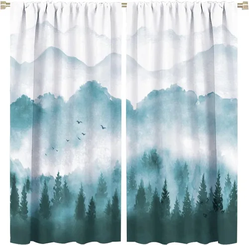 Vista 8 de BAEKJIN Cortinas verdes de bosque brumoso, acuarela, naturaleza, paisaje, plantas, árbol, bolsillo para barra, opacas, tratamiento de ventana