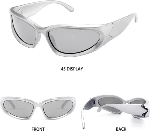Vista 6 de knliwkm Y2K - Gafas de sol envolventes deportivas futuristas ovaladas para mujeres y hombres 2022 a la moda, color plateado