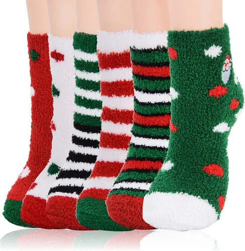 Vista 8 de Calcetines peludos de Navidad, 6 pares de calcetines lindos de forro polar coral, cálidos y acogedores, calcetines de vacaciones para mujeres