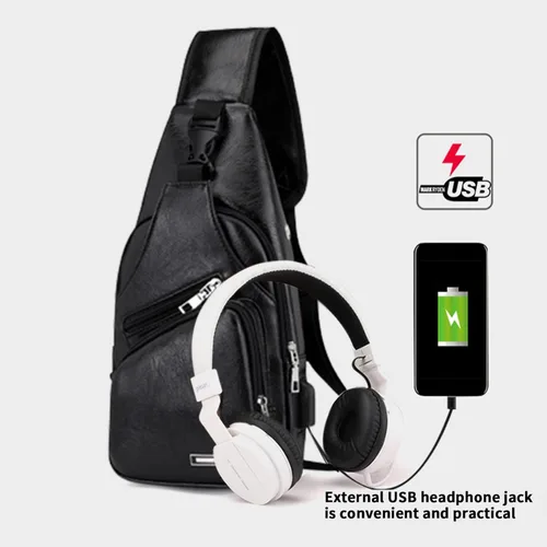 Vista 5 de Bolso bandolera para hombres y mujeres, mochila de hombro, bolsas de pecho, mochila cruzada con agujero para auriculares, para senderismo, camping