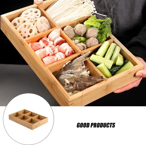 Vista 8 de Cabilock Plato de bambú para ollas calientes con 6 compartimentos, bandeja dividida para verduras, frutas, almacenamiento de alimentos, 12.00 x 8.26