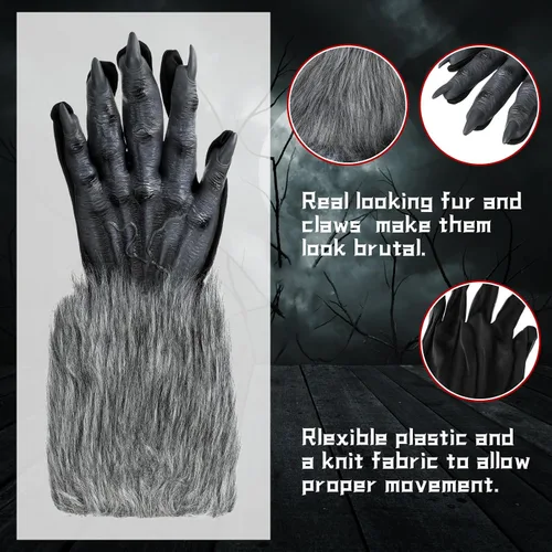 Vista 4 de ramede 3 piezas de disfraz de hombre lobo para Halloween, máscara de cabeza de lobo para adultos, guantes de garras, guantes de hombre lobo
