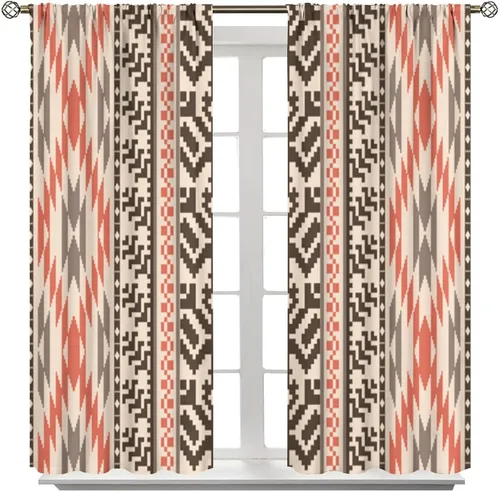 Vista 388 de Cortinas con patrón geométrico tribal, estilo suroeste, azteca, rústico, occidental, nativo americano, opacas, con bolsillo para barra, decoración