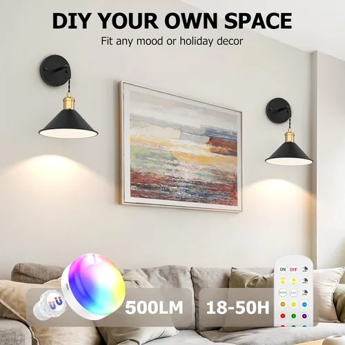Vista 3 de Juego de 2 apliques de pared a pilas, 5000 mAh, lámpara de pared recargable de alto brillo, 3 luces de pared RGB de temperatura de color con control