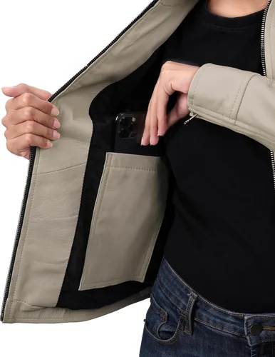 Vista 2 de Decrum Cafe Racer Chaqueta de piel de cordero real estilo motocicleta para Beige