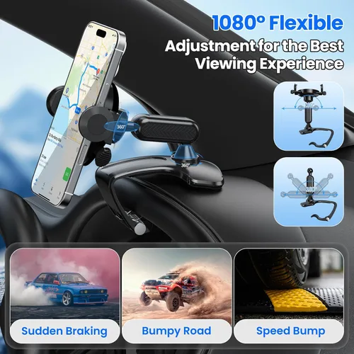 Vista 3 de Soporte de teléfono para automóvil, soporte de teléfono para salpicadero, rotación de 360 grados, diseño de clip multifuncional, soporte universal
