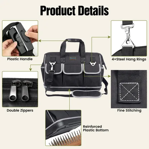 Vista 4 de Bolsa de herramientas de boca ancha de 17 pulgadas con parte inferior suave impermeable, organizador de bolsa de herramientas con múltiples