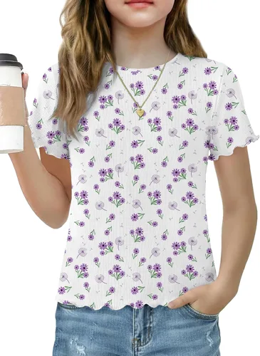 Vista 16 de Arshiner Camisas de manga corta con ribete de lechuga para niñas, camisetas de verano acanaladas con cuello redondo Blanco