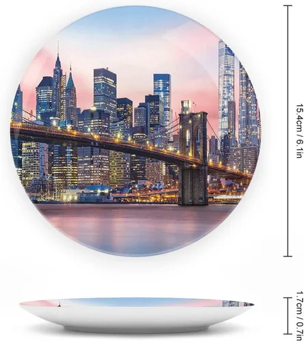 Vista 2 de XISUNYA Plato decorativo de 6 pulgadas, artesanía de cerámica de Nueva York, puente de Brooklyn y el horizonte de Manhattan bajo el amanecer rosa