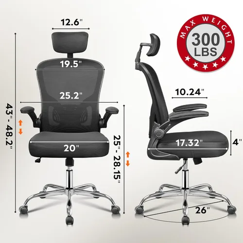 Vista 2 de DEVAISE Silla de Oficina de Respaldo Alto de Malla Ergonómica para Escritorio con Reposabrazos Abatibles, Reposacabezas Ajustable y Soporte Lumbar