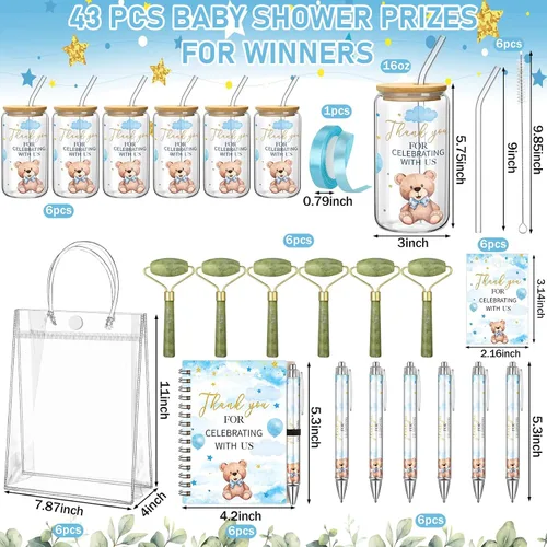 Vista 3 de Reallnaive Juego de 6 Premios de Juego de Baby Shower de Oso para Jugadores Ganadores Vasos con Tapas Pajitas Rodillo para Cara Bolígrafos Cuadernos