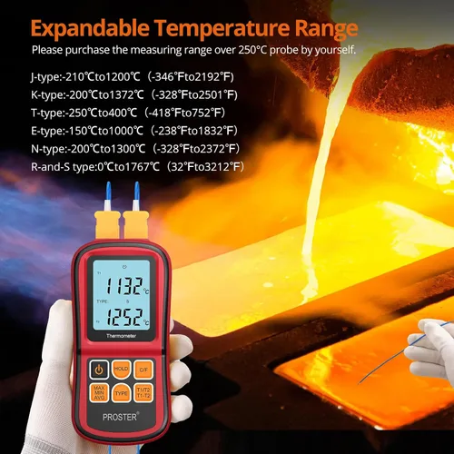 Vista 5 de Proster tester medidor de temperatura con retroiluminación LCD de dos canales con termómetro y termopar digital para clase K/J/T/E/R/S/N, con dos