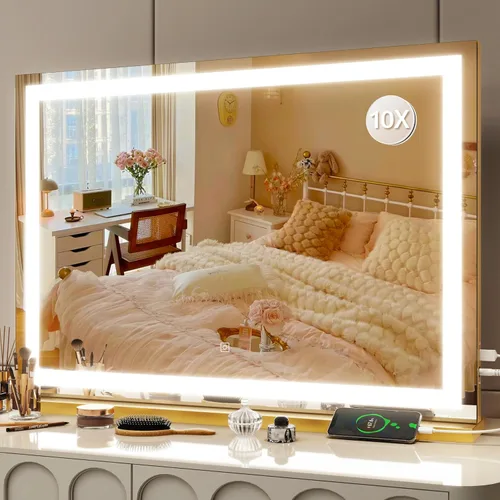 Vista 35 de FENNIO - Espejo de tocador con luces, espejo de maquillaje iluminado LED, pantalla táctil con 3 modos de iluminación, regulable, para mesa