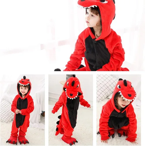 Vista 6 de Fanhong Pijama estilo mameluco de dinosaurio para niños, disfraz de Halloween, pijama para Navidad, cosplay, pijama de felpa de forro polar