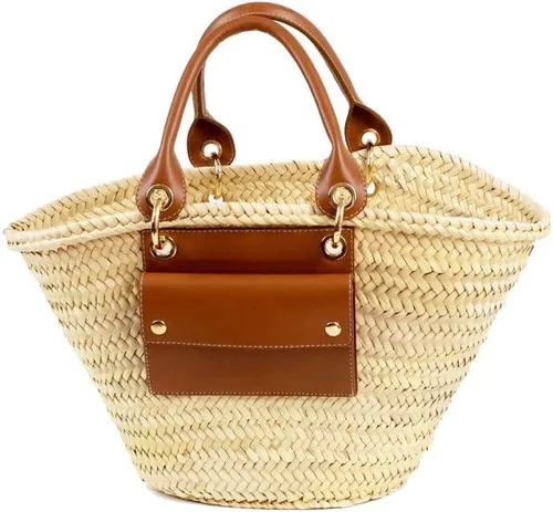 Vista 9 de Cesta francesa bolsa de paja con asas de cuero bolsa de playa, bolsa de paja, cesta de mercado