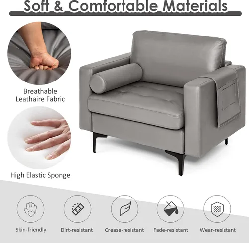 Vista 5 de Giantex Sofá individual, silla decorativa, sillón con cojín cómodo, bolsillos para revistas, sala de estar, silla de ocio tapizada para dormitorio