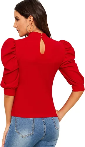 Vista 2 de Romwe Blusa de mujer con cuello de media manga y espalda de ojo de cerradura
