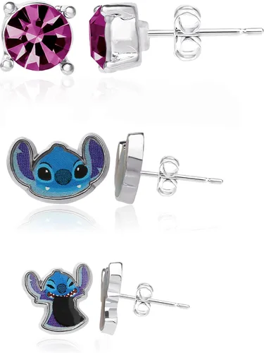 Vista 4 de Disney Lilo and Stitch - Juego de aretes de moda, 3 pares, aretes de tuerca, Metal, Circonia cúbica