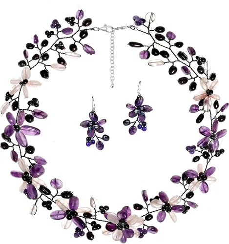 Vista 2 de AeraVida Conjunto de joyas de plata esterlina 925 floral de cuarzo morado y transparente, Plata esterlina, Cuarzo
