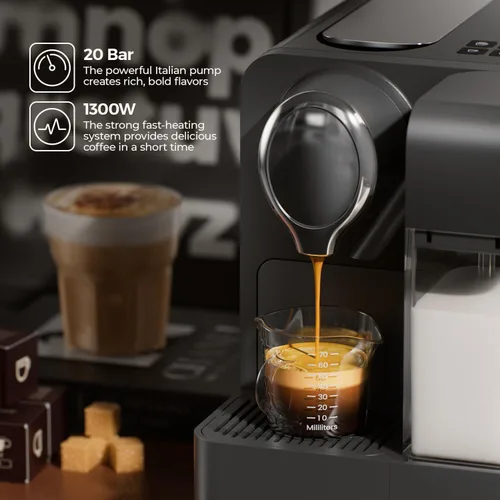 Vista 8 de Máquina de café expreso con espumador de leche automático integrado, compatible con cápsulas, cafetera de una sola porción compatible con cápsulas