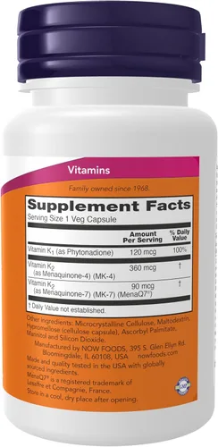 Vista 2 de NOW Foods Suplementos, MK-7 Plus con K1 y MK-4, apoya la salud ósea*, 90 cápsulas vegetales