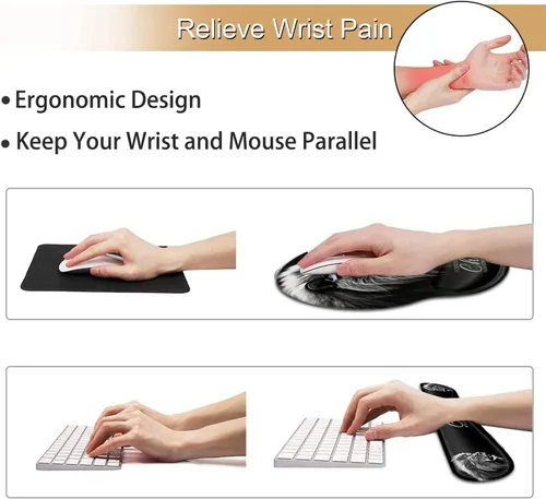 Vista 3 de Alfombrilla ergonómica para mouse con soporte de muñeca de gel y reposamuñecas de teclado de espuma viscoelástica, para videojuegos, oficina