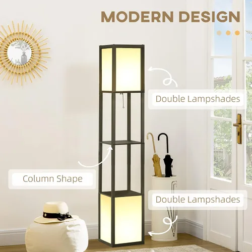 Vista 3 de HOMCOM Lámpara de pie moderna con estantes e iluminación ambiental doble, lámpara de pie alta para sala de estar, dormitorio con pantalla de tela