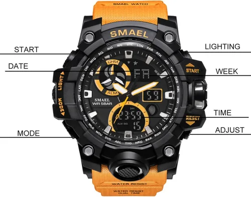 Vista 2 de Reloj analógico de cuarzo para hombre con doble pantalla y alarma digital con iluminación LED Anaranjado