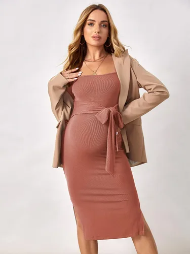 Vista 4 de OYOANGLE Vestido midi ajustado de manga larga con nudo frontal y cuello cuadrado para mujer