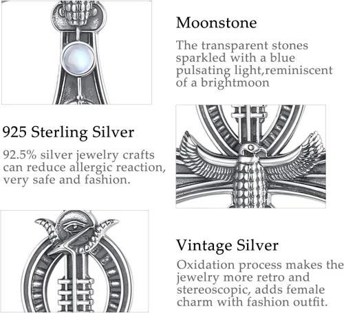 Vista 8 de Vito Egyptian Necklace for Women Men, 925 Sterling Silver AnubisAnkh CrossEvil EyeEgyptian Goddess Pendant for Mom Dad, Egypt Protection Jewelry