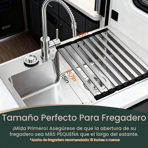 Vista 3 de Meowoo Escurridor de platos rectangular, 15.7 x 13 pulgadas, escurridor de platos enrollable sobre el fregadero, base de silicona antideslizante