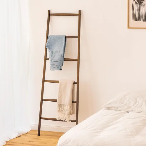 Vista 5 de Navaris Escalera para toallas de bambú, estante de madera, toalla, toalla, ropa, barandilla de lino para baño y dormitorio, soporte para toallas