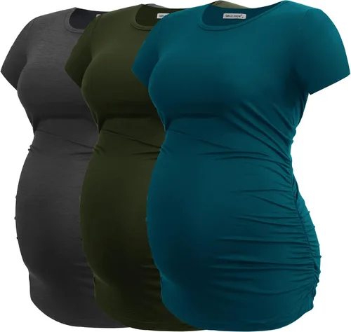 Vista 27 de Smallshow - Camiseta de maternidad para mujer, lados fruncidos, tipo túnica, prendas para el embarazo Verde militar-negro-gris profundo