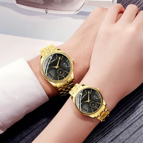 Vista 3 de JewelryWe Relojes de lujo para parejas hombres y mujeres, tono dorado y plateado, reloj de pulsera de acero inoxidable con calendario de cuarzo