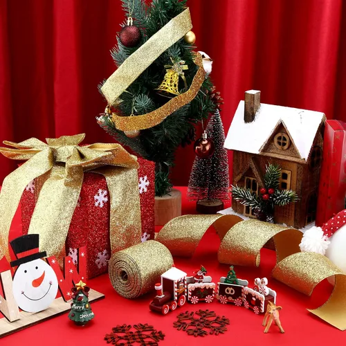 Vista 4 de 2 rollos de cinta de Navidad de 20 yardas con purpurina metálica con borde de alambre, cintas decorativas de tela para envolver fiestas, decoración