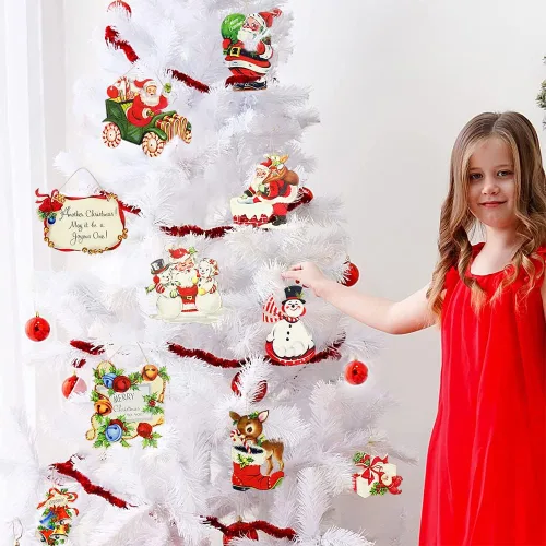 Vista 3 de pinkblume 19 adornos para árbol de Navidad, vintage, Papá Noel, Feliz Navidad, saludos, letrero de alegría, caja de regalo de Navidad, reno de Papá