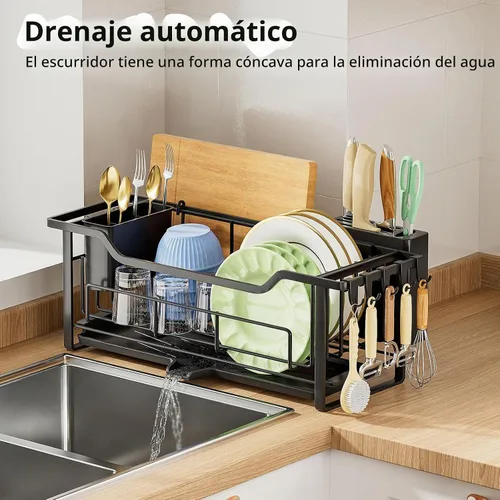 Vista 2 de AIDERLY Escurridor estrecho de platos para encimera de cocina, drenaje automático, escurridor de platos de hierro con cesta extraíble para Negro