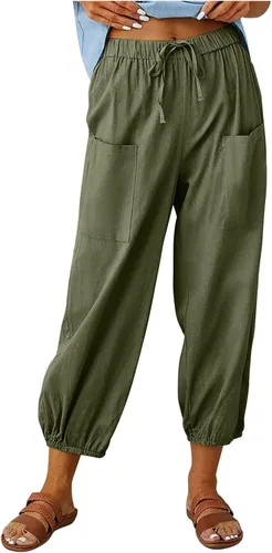 Vista 16 de Pantalones capri de cintura alta con cordón y botón de algodón suelto casual con bolsillos para mujer