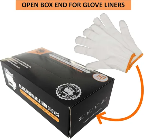 Vista 7 de Kit de guantes desechables para barbacoa negro - 50 guantes de agarre texturizado resistentes y 2 forros reutilizables resistentes al calor