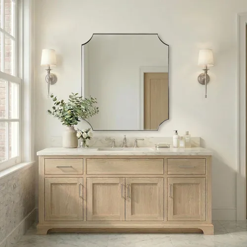 Vista 31 de ANDY STAR Espejo de baño de bronce cepillado, espejo festoneado de 24 x 36 pulgadas para baño, espejo rectangular de bronce antiguo con marco