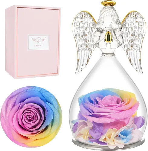 Vista 26 de Miofula Regalos para mamá, regalos de cumpleaños para mujeres, flores preservadas en figuras de ángel de cristal, flores frescas para entrega, Rosa