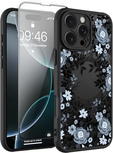 Vista 111 de Magnético para iPhone 13 con protector de pantalla [Compatible con MagSafe] Diseño de patrón floral de flores bonitas, funda delgada a prueba