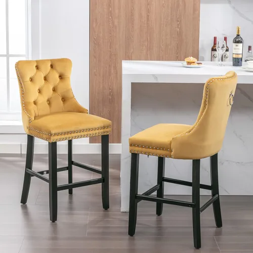 Vista 10 de Juego de 2 Sillas de Comedor, Modernos Taburetes de Bar Tapizados de Terciopelo con Decoración de Botones Capitoné y Patas de Madera, Ribete