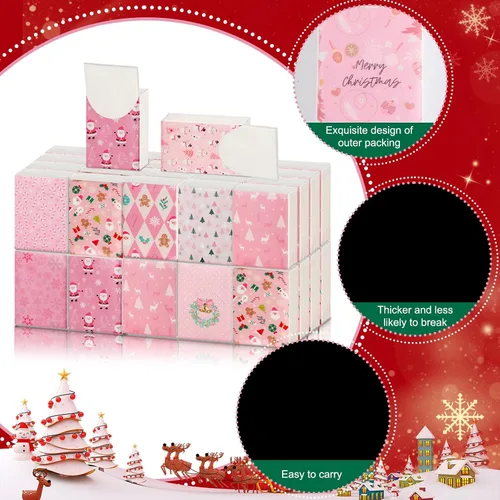 Vista 3 de Paquete de 100 pañuelos de Navidad a granel, tamaño de viaje, pañuelos faciales de bolsillo con rosa o Belén y diseños festivos, regalos de fiesta