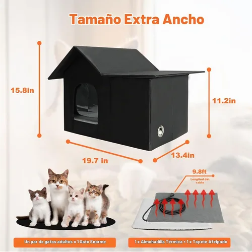 Vista 6 de Gran casa climatizada para gatos al aire libre en invierno, refugio resistente a la intemperie para gatos ferales con 2 almohadillas, perrera
